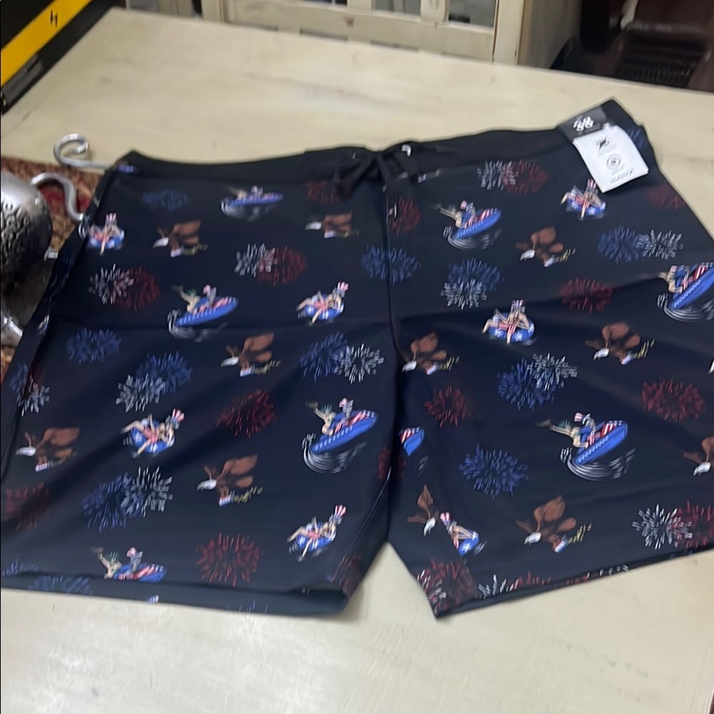 Black Board Shorts with Aquatic Pattern